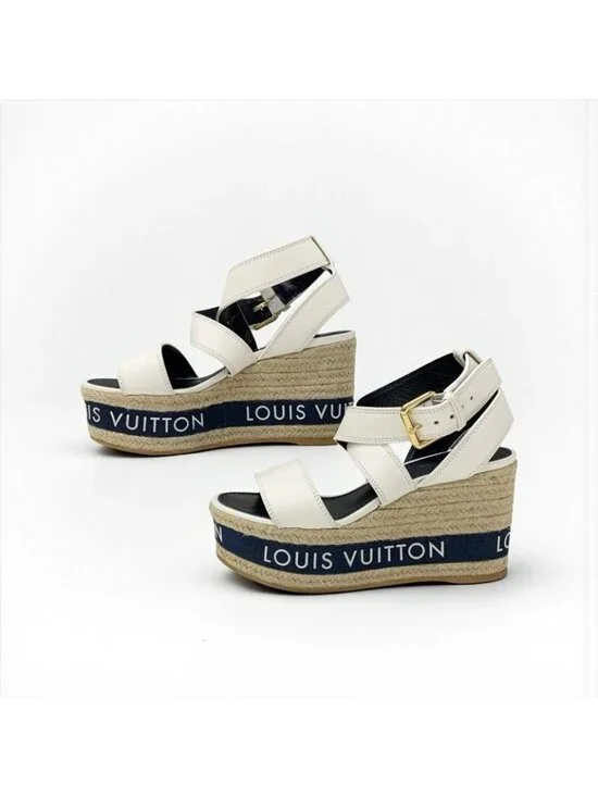 Louis Vuitton Boundary Line Sandals Shoes Leather White Navy Logo Wedge Sole - Picture 4 of 10